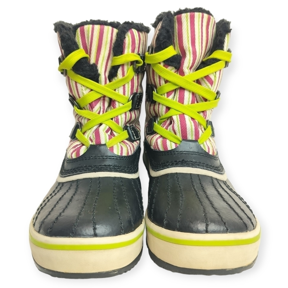 SOREL Tivoli Rubber Pink Green Striped Youth 4 Winter Duck Boots Faux Fur Trim - Picture 3 of 15